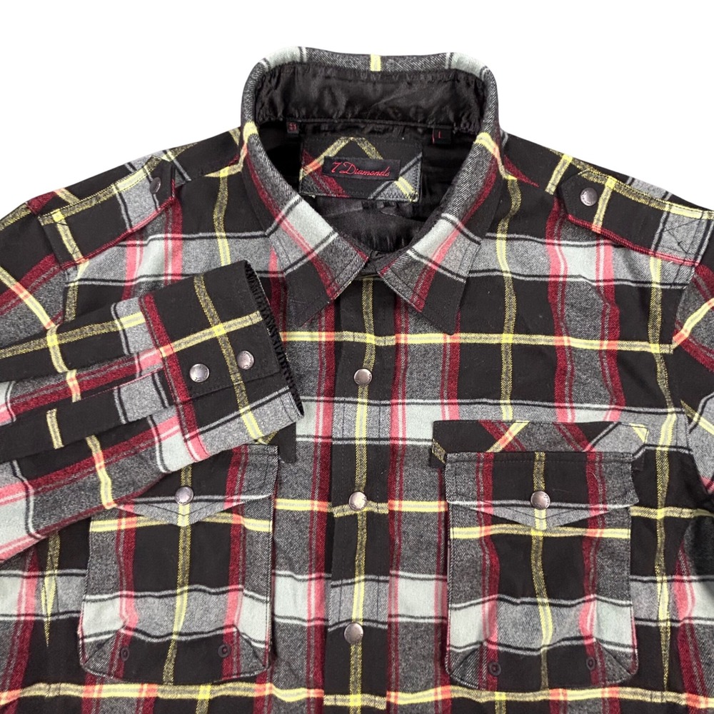 7‎ Diamonds Snap Button Heavy Flannel Mens L Black Red Yellow Plaid Comfort Gorp